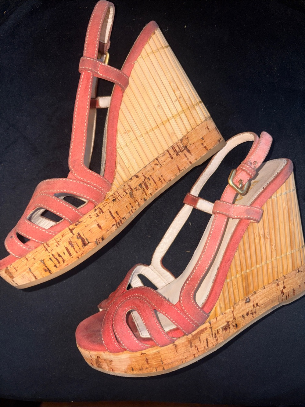 Prada Coral-Peach Leather Slingback Wedge Sandals - Picture 15 of 16